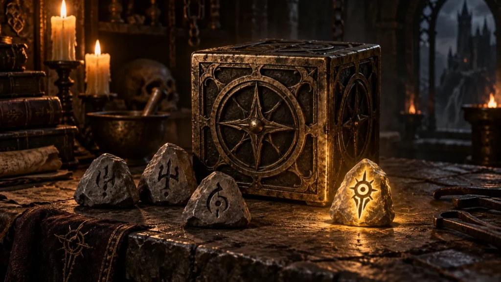 Engraved rune stones beside a bronze transmutation cube, with one rune glowing gold