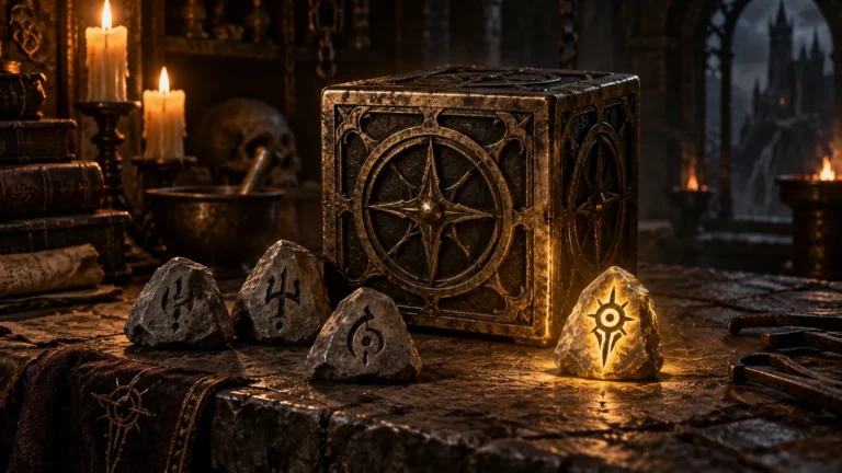 Engraved rune stones beside a bronze transmutation cube, with one rune glowing gold