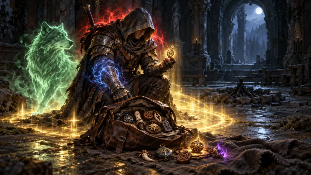 A hooded adventurer examines an enchanted charm beside a travel bag filled with talismans while several magical powers awaken around him.