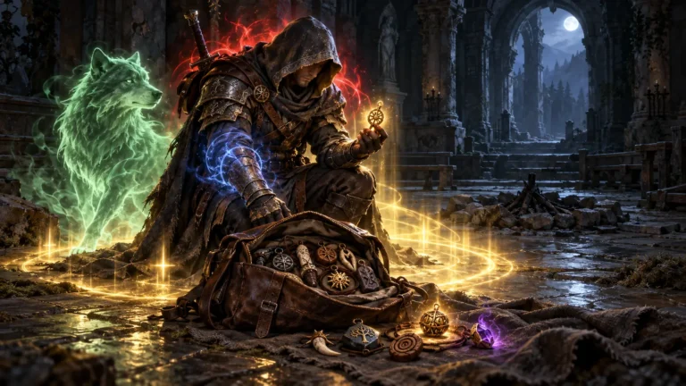A hooded adventurer examines an enchanted charm beside a travel bag filled with talismans while several magical powers awaken around him.