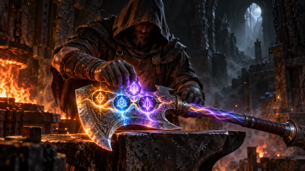 A lone fantasy artisan activates glowing runes embedded in a battle axe inside an isolated underground forge.