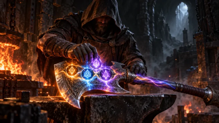 A lone fantasy artisan activates glowing runes embedded in a battle axe inside an isolated underground forge.