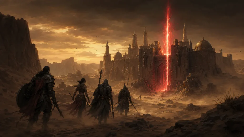 Original illustration for the SlashDiablo listing: a classic party crosses a desert toward a fortress split by a crimson gateway