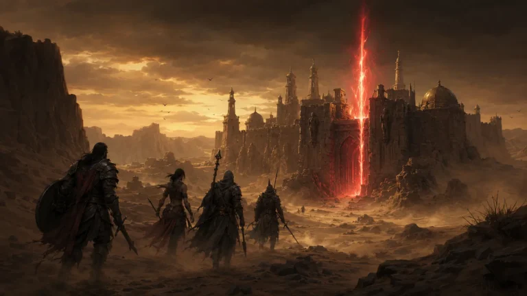 Original illustration for the SlashDiablo listing: a classic party crosses a desert toward a fortress split by a crimson gateway