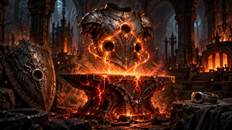 An enchanted burning anvil creates several empty sockets in a steel breastplate inside a gothic forge.