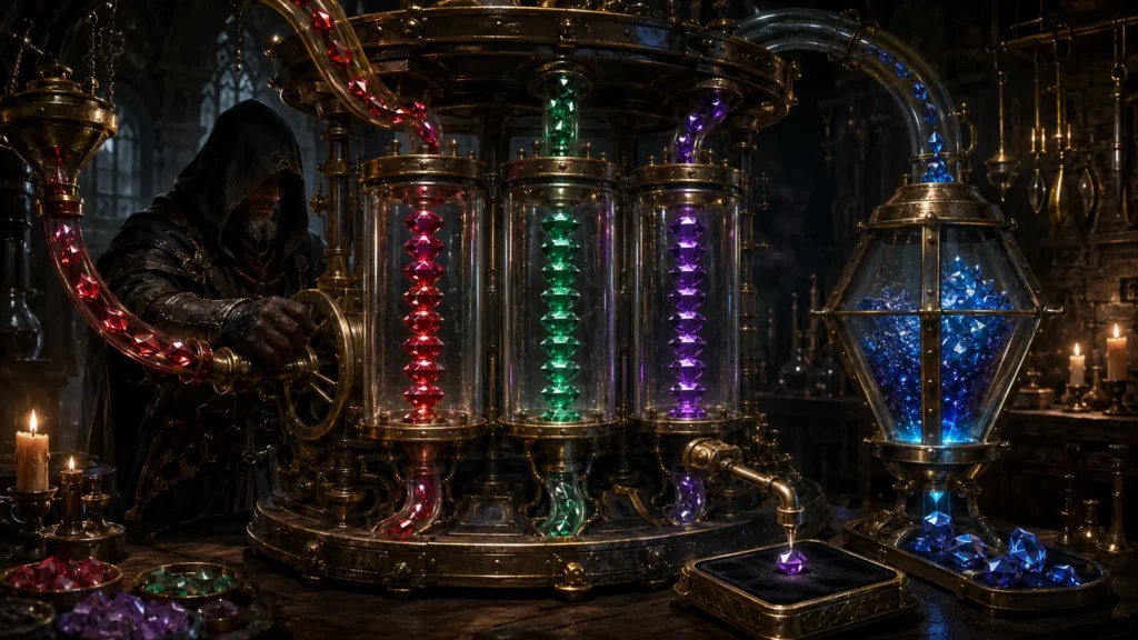Stackable Gems for D2RMM showing rubies, emeralds and amethysts organized into compact stacks inside an arcane machine