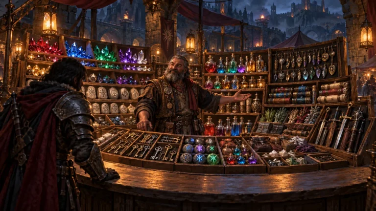 An armored traveler examines a large organized selection of runes, gems, potions, keys, charms, scrolls, and equipment at a fantasy merchant stall.