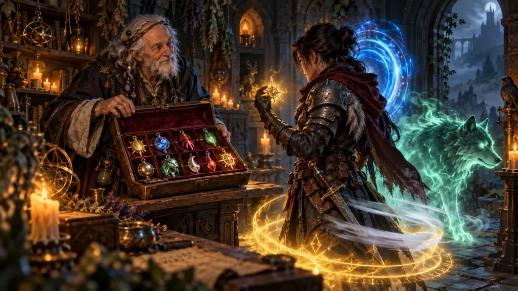 A fantasy charm-maker opens a case of enchanted talismans as an adventurer gains a golden aura, teleport portal, wind speed, and spectral companion.