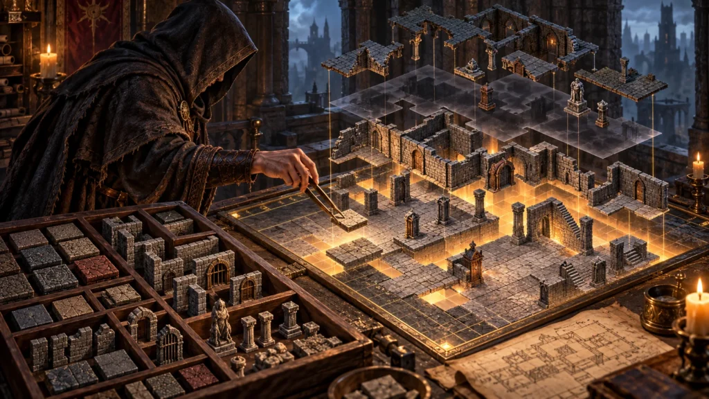 Paul Siramy’s Win_DS1Edit visualized as a hooded cartographer editing the layered tiles and objects of an isometric dungeon map.