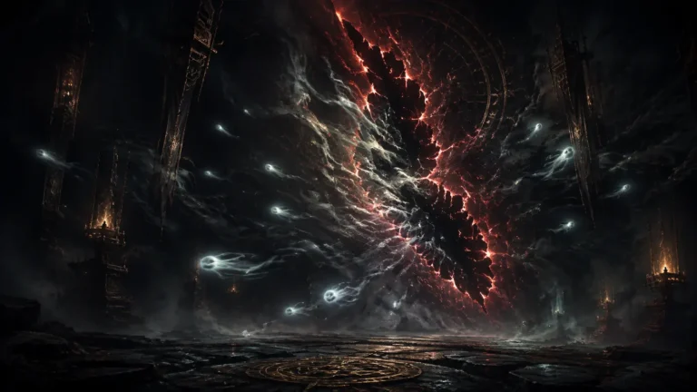 Original illustration for the Annihilus listing: a jagged rift in the dark bleeding pale spectral wisps into a void chamber.
