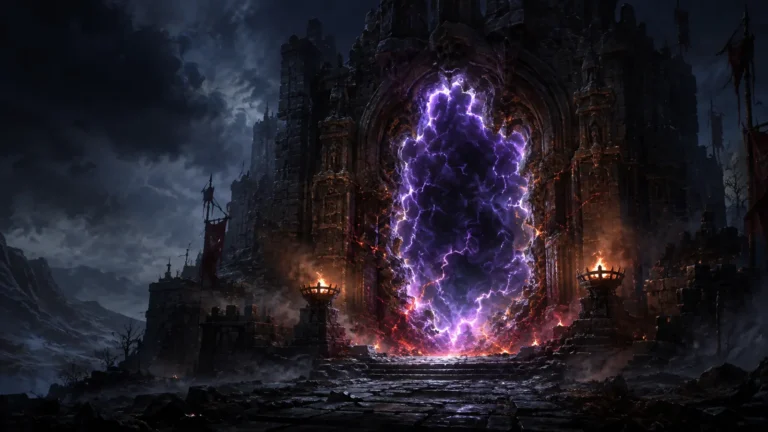 Original illustration for the Blizzless listing: a dark seasonal portal crackling with violet storm-energy at a ruined keep.