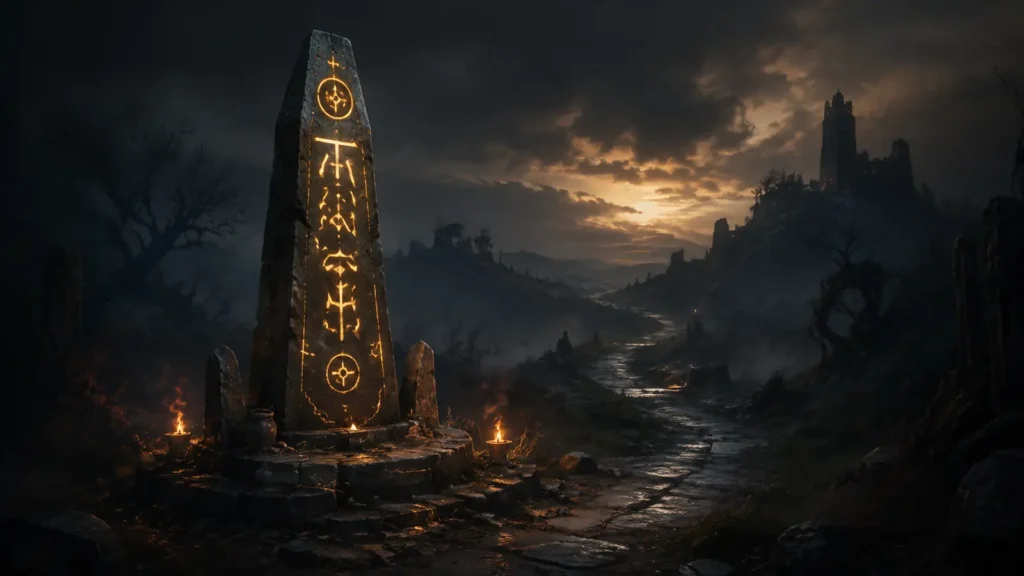 Original illustration for the Battle.net Classic listing: a weathered glowing waypoint obelisk in a fog-bound wilderness at dusk.