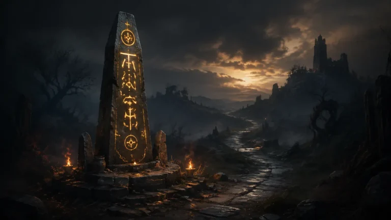 Original illustration for the Battle.net Classic listing: a weathered glowing waypoint obelisk in a fog-bound wilderness at dusk.