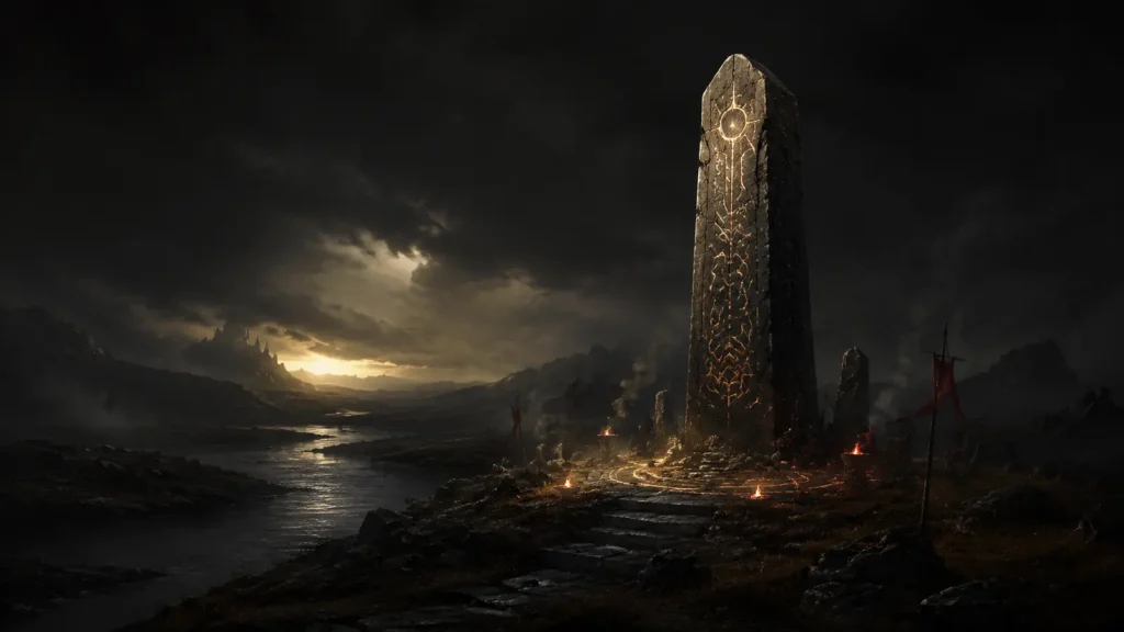 Original illustration for the D2LoD.net / D2Realm listing: a lone rune-carved obelisk on a dark moor beside a black river.