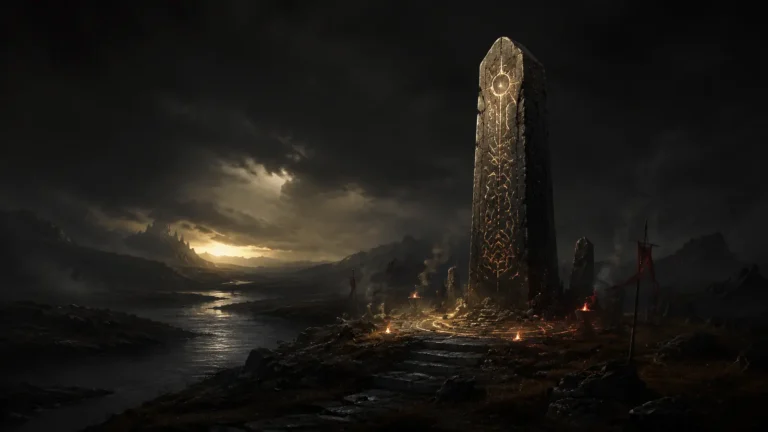 Original illustration for the D2LoD.net / D2Realm listing: a lone rune-carved obelisk on a dark moor beside a black river.