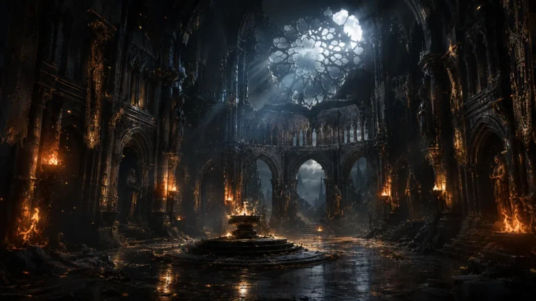 Original illustration for the Diablo II: Resurrected listing: a restored gothic cathedral ruin lit by cold light and drifting embers.