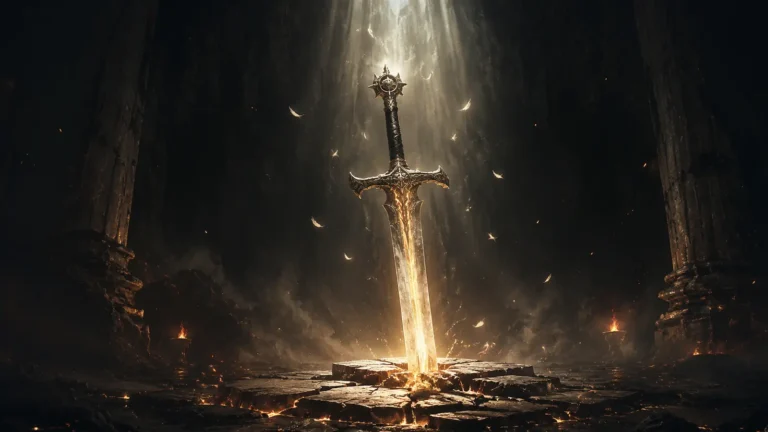 Original illustration for the D2TM listing: a great sword planted in cracked stone beneath a shaft of pale holy light.