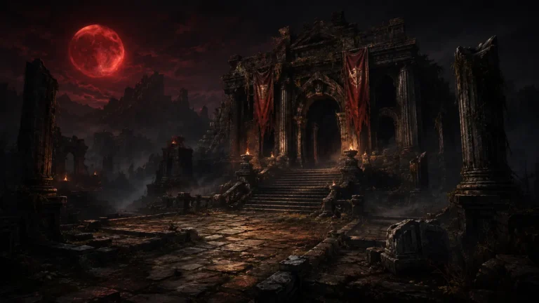 Original illustration for the DarkSide listing: a quiet abandoned ruin under a dim blood-red moon.