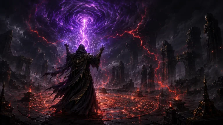 Original illustration for the Reign of the Warlock listing: a hooded sorcerer channels a storm of dark energy over a ritual circle.