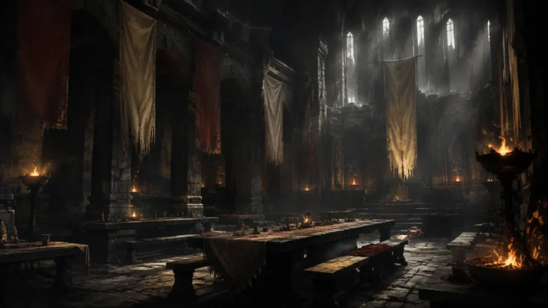 Original illustration for the EuropeBattle Legacy listing: a worn realm hall with plain banners and cold light from high windows.