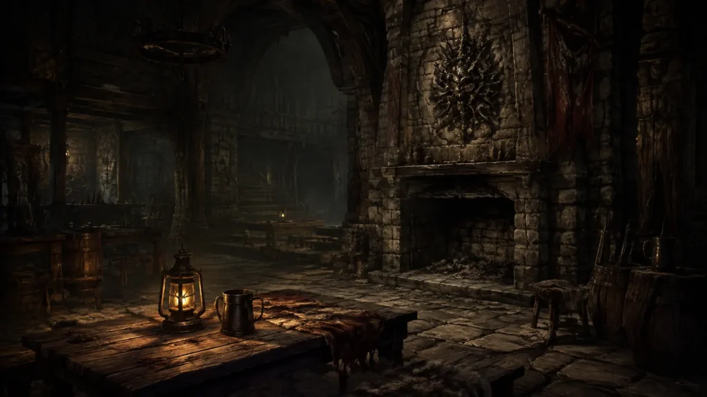 Original illustration for the MaxNet listing: a faded sepia old-school realm hall with a cold hearth and a single lantern.