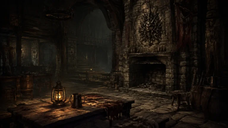 Original illustration for the MaxNet listing: a faded sepia old-school realm hall with a cold hearth and a single lantern.