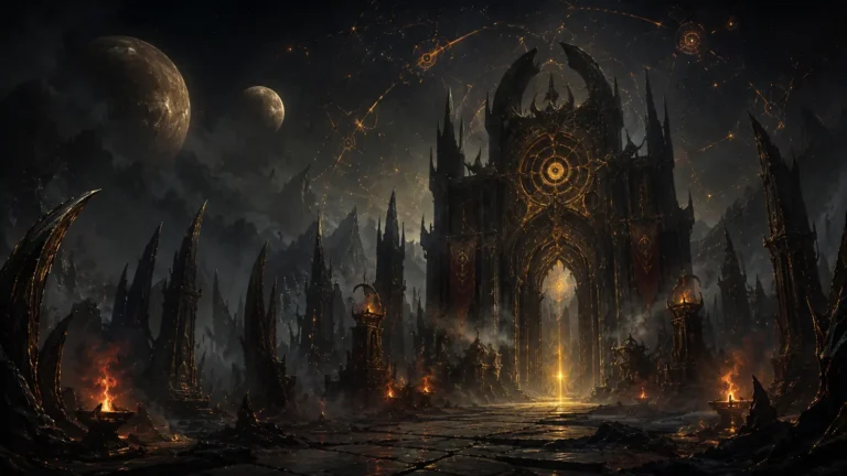 Original illustration for the Median XL listing: a colossal alien gate beneath strange twin moons and jagged obsidian spires.