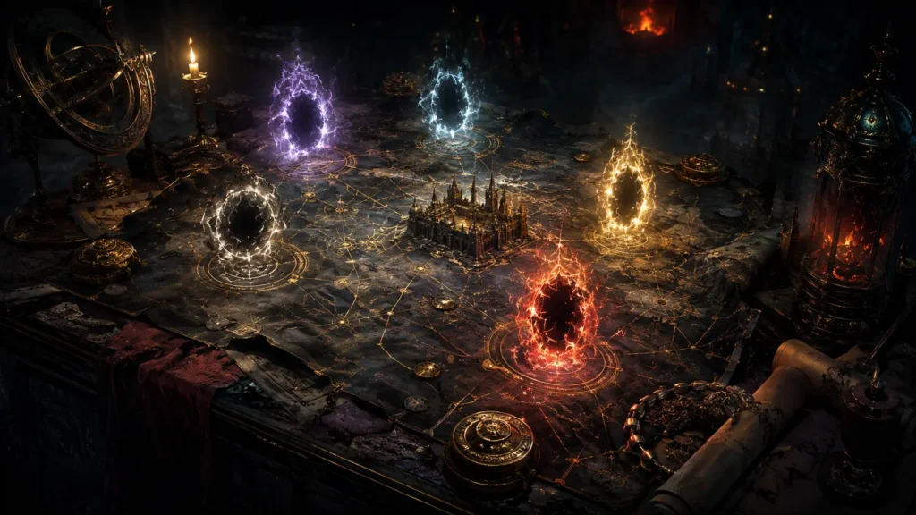 Original illustration for the Path of Diablo listing: an arcane glowing map on a dark table with small portals opening above it.