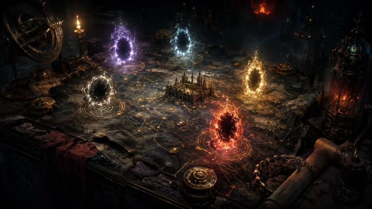Original illustration for the Path of Diablo listing: an arcane glowing map on a dark table with small portals opening above it.