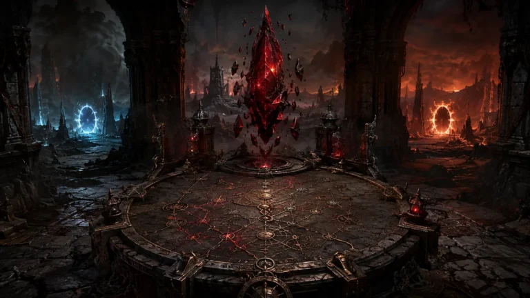 Original illustration for the Project Diablo 2 listing: a guild party studies a transformed map before an endgame portal