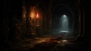 Original illustration for the SlashDiablo listing: a classic torchlit stone dungeon corridor, restrained and purist.