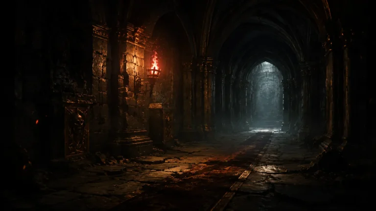 Original illustration for the SlashDiablo listing: a classic torchlit stone dungeon corridor, restrained and purist.