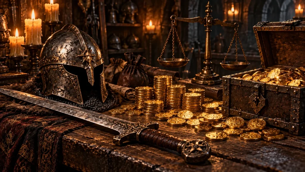 Fantasy equipment, gold coins, a treasure chest, and brass merchant scales displayed inside a dark candlelit shop.