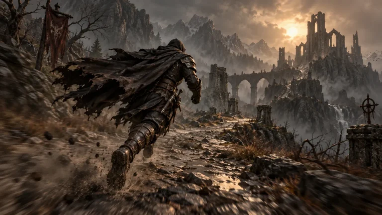 Armored adventurer sprinting toward gothic ruins, with a flowing cloak and dust trailing behind