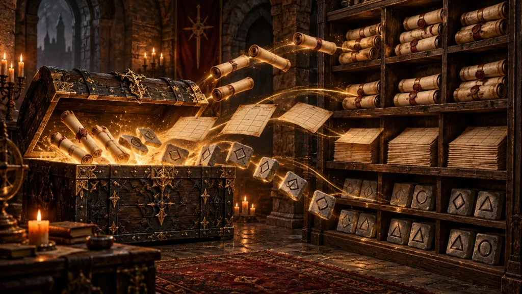 How to extract D2R files, shown as a sealed archive vault opening into neatly sorted scrolls and tables