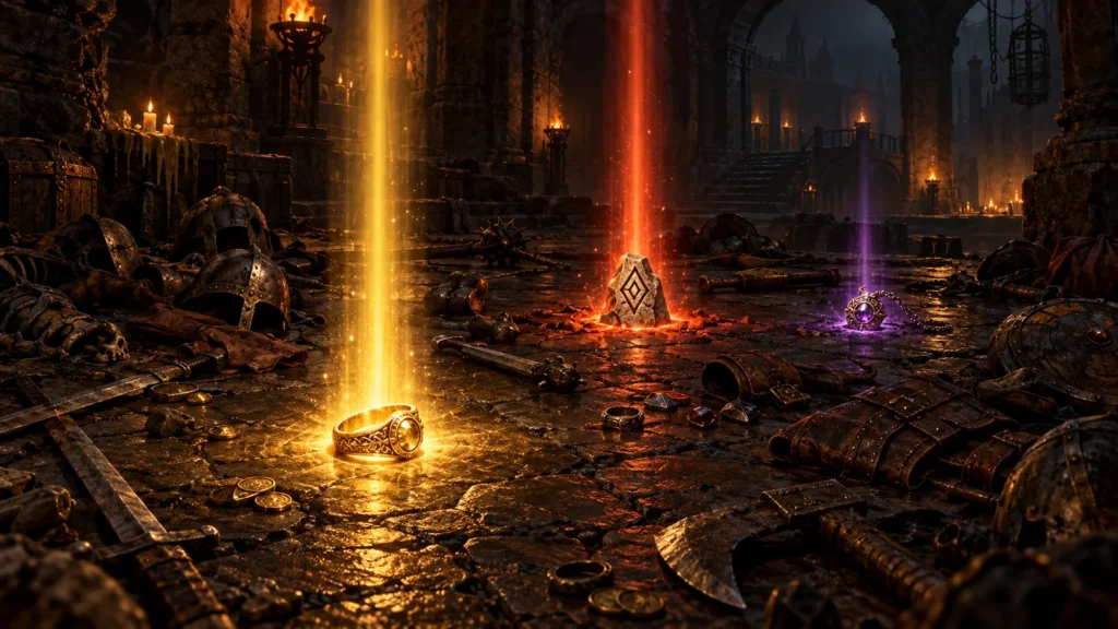 Best D2R loot filters, shown as a dungeon floor of scattered loot where a few glowing items stand out under pillars of light