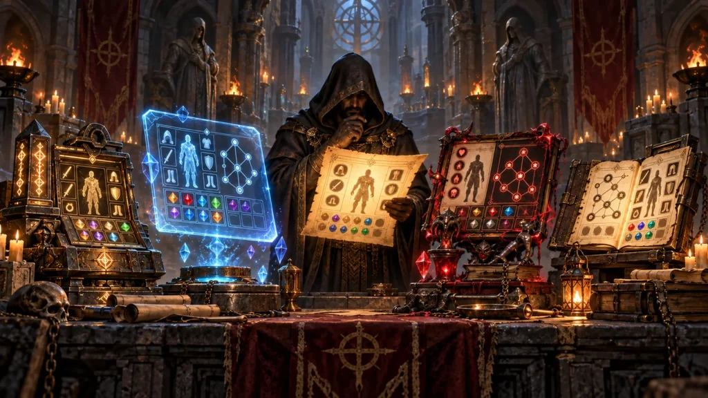A hooded archivist compares four magical character-editing interfaces inside a dark gothic archive.