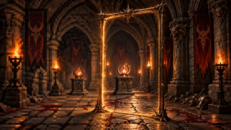 Best Diablo 2 graphics wrappers, shown as an old CRT monitor turning into a sharp widescreen view of a gothic dungeon