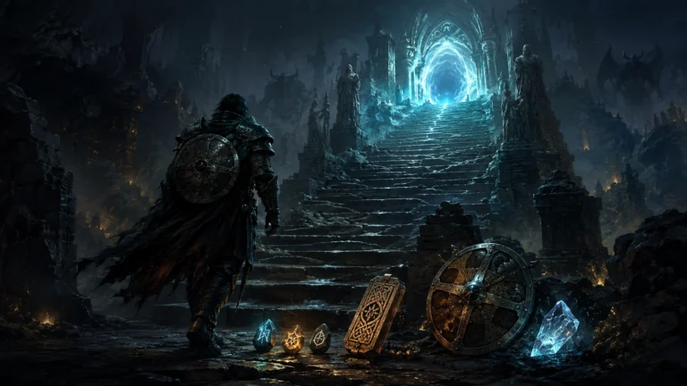 Diablo II: Resurrected Ladder Season 15 illustration of a warrior climbing toward a blue portal