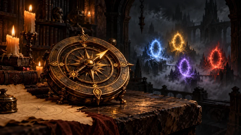 A glowing Horadric compass on a dark stone table, pointing toward several distant portals