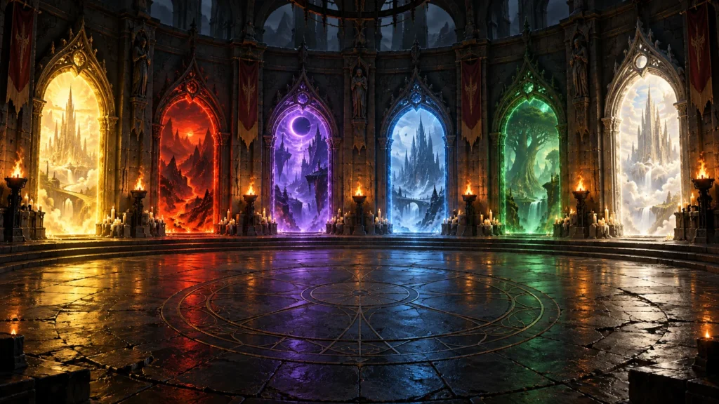 Six glowing portals in a dark stone hall, illustration for the best Diablo 2 private servers ranking