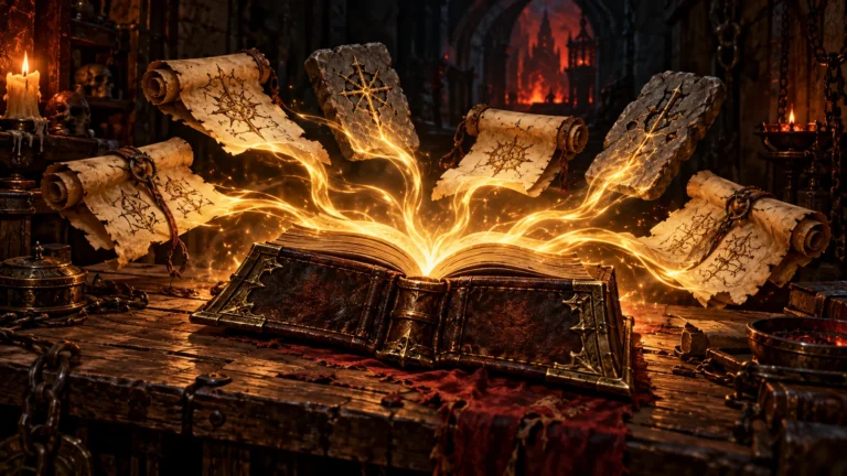 How to install D2R mods with D2RMM, shown as a workbench where separate mod scrolls are merged into one tome